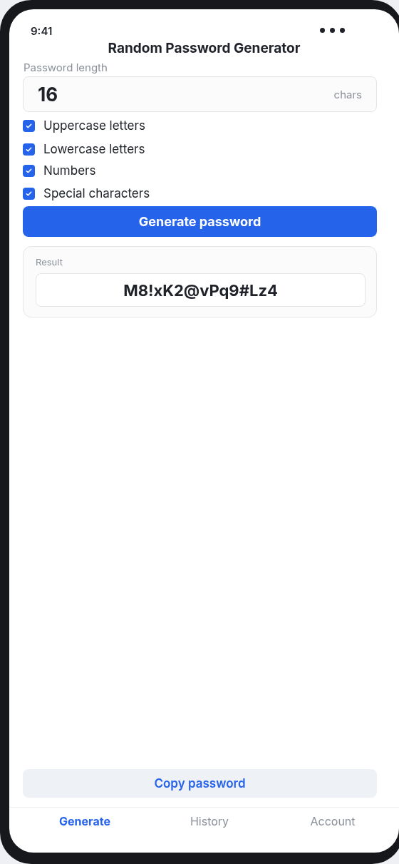 Random Password Generator mobile app interface on Android